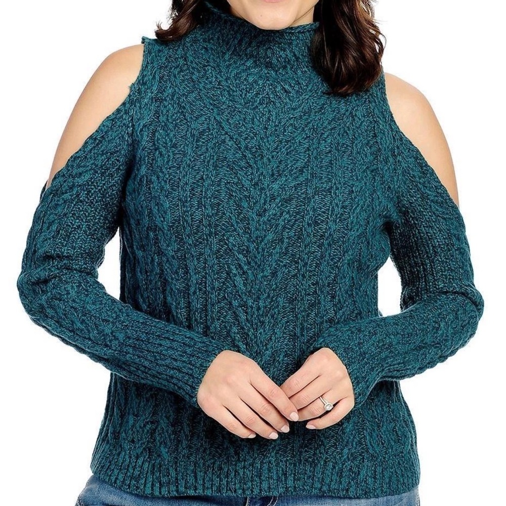 Women's indigo thread co. Teal Cable Knit Cold Shoulder Sweater